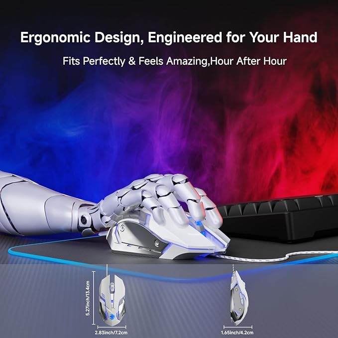 EWEADN G3 Wired Gaming Mouse, 2400 DPI Wired Optical Mouse with 6 Programmable Macro Buttons, Metal Base, 4-Color Breathing Light for PC/Laptop/Windows-White