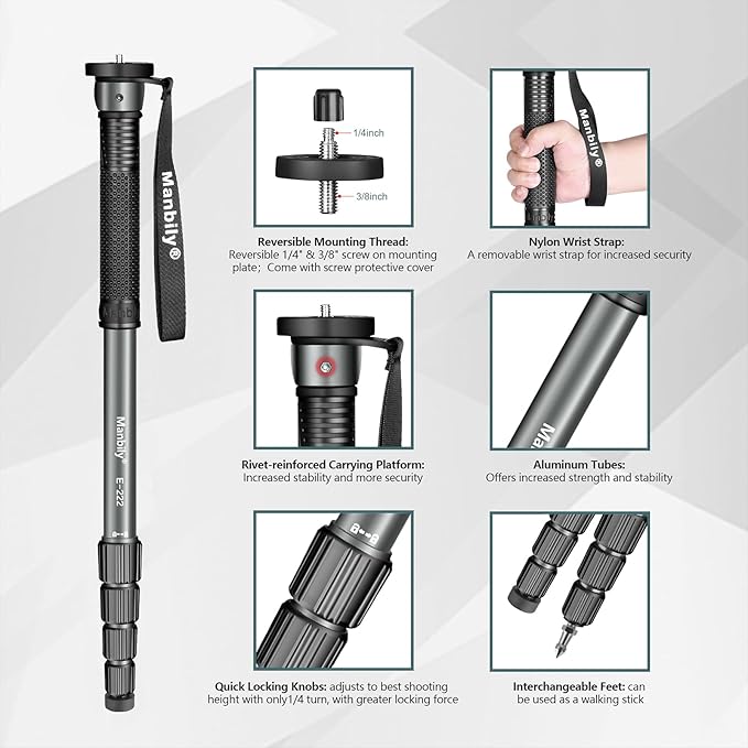 Manbily 65-Inch Camera Monopod, 5 Sections Aluminum Travel Monopod for Canon Nikon Sony DSLR Cameras Video Camcorder, Compact Portable Lightweight（E-222） (Gray)