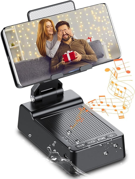 Multifunctional Cell Phone Stand with Wireless Bluetooth Speaker and Anti-Slip Base, HD Stereo Compatible with Multiple Devices, Tech Gadgets Gifts for Men/Women/Parents/Child (Black)