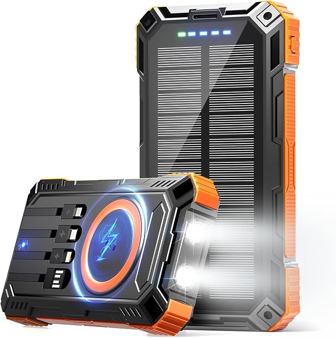 Solar Power Bank 49800mAh Wireless Portable Charger with USB-C 15W Fast Charging with 4 Built-in Cables LED Flashlight Battery Pack Compatible with iPhone, iPad, Galaxy, Perfect for Camping, Hiking