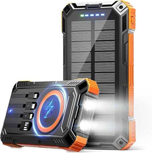 Solar Power Bank 49800mAh Wireless Portable Charger with USB-C 15W Fast Charging with 4 Built-in Cables LED Flashlight Battery Pack Compatible with iPhone, iPad, Galaxy, Perfect for Camping, Hiking