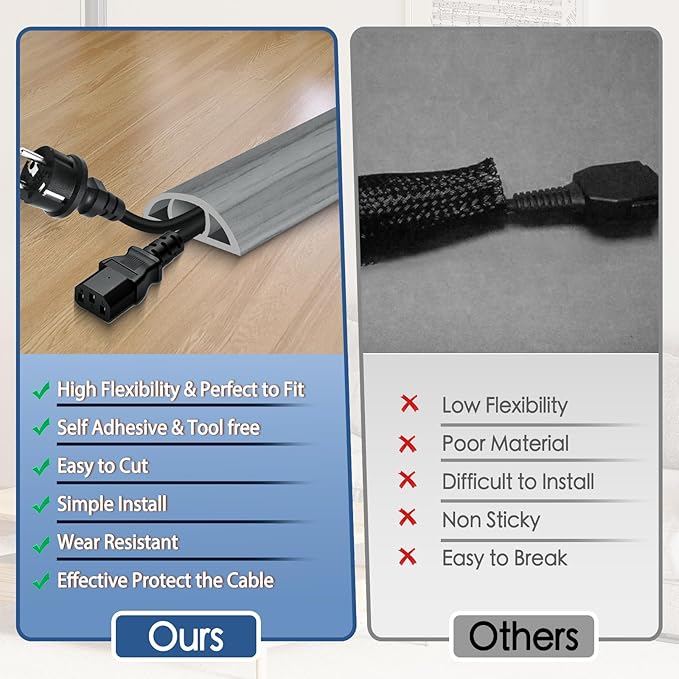 Floor Cord Cover for Wires on Floor Self Adhesive Cord Hider Floor Cable Management Wire Covers for Cords Protector Prevent Cable Trips Cord Cavity W 0.59" x H 0.31", Gray Wood, 20Ft