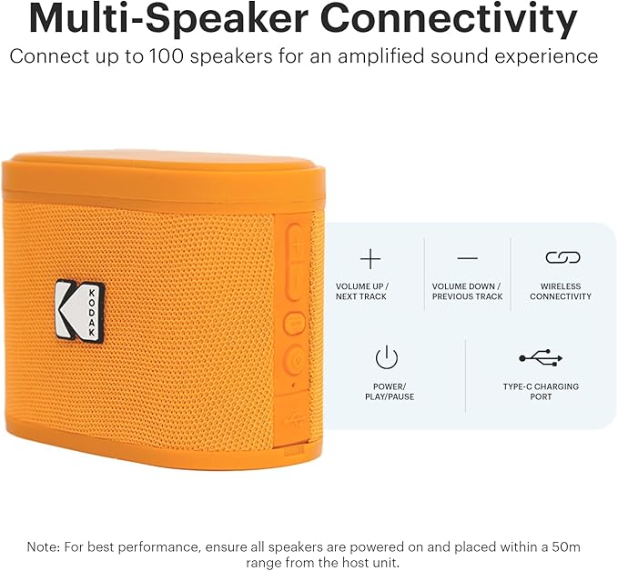 KODAK SOUNDBRIX™ Bluetooth Speaker with HD Sound Portable Wireless IPX4 Water Resistant Upto 5H Playtime V5.4 for Home Party Outdoor Beach Electronic Gadgets Birthday Gift Orange Stackable Speakers