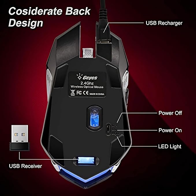 VEGCOO Wireless Gaming Mouse, Silent Wireless Mouse, Rechargeable Computer Mice with Colorful RGB LED Lights and 3-Level-Adjustable DPI, 6 Buttons Mouse with Side Buttons for Laptop and Desktop
