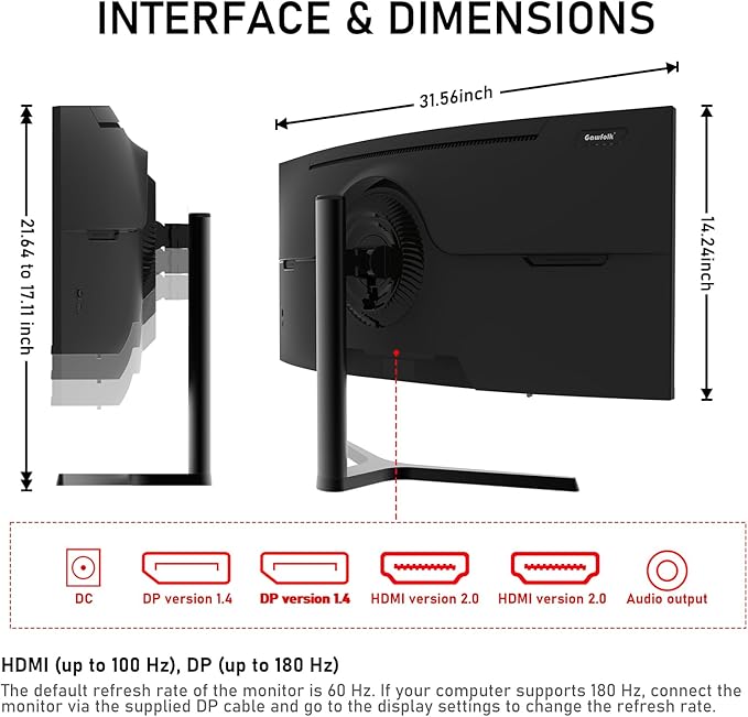 34 Inch Ultrawide Curved 180Hz Gaming Computer Monitor 1000R PC screen 21:9 UWQHD (3440x1440) ,1ms,100%sRGB,Adaptive Sync,HDMI、Display Port,Liftable Stand,Wall Mount Compatible 75*75mm-Black