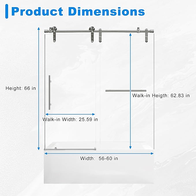56-60" W x 66" H Tub Shower Door Bathroom Sliding Shower Door 5/16"(8mm) Thick Tempered Glass Shower Door with Double Stainless Steel Handles for Bathtub, Brushed Silver