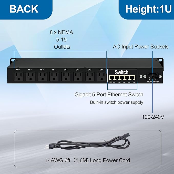1U PDU Rackmount Power Strip with 8 NEMA 5-15R Outlets & 5-Port Gigabit Ethernet Switch, 15A 100-250V,10KA SPD 3600J Surge Protection, 6ft Cord, ETL Listed, Ideal for Server Racks & Networking