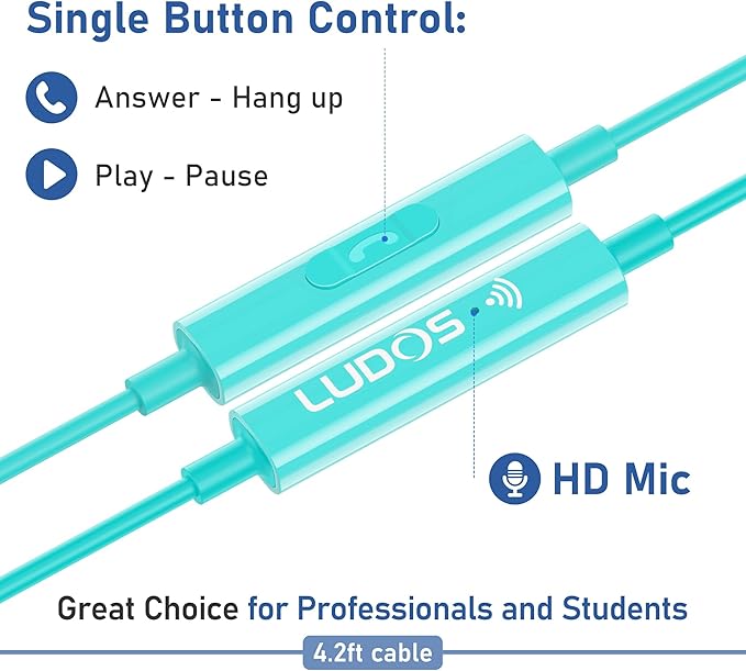 LUDOS Zenith Wired Earbuds in-Ear Headphones, 2 Years Warranty, Earphones with Microphone, Corded for 3.5mm Jack Ear Buds for iPhone, Samsung, Computer, Laptop, Kids, School Students - Turquoise