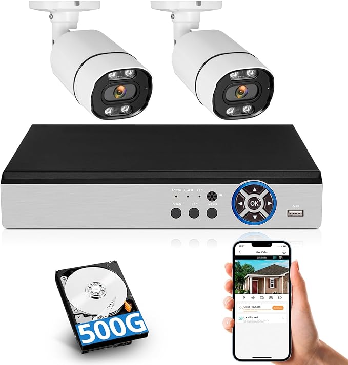 8CH Wired Security Camera System,H.265+ Surveillance Video Recorders with 2 x 2592P 5MP Wired IP66 Bullet Cameras,for Indoor Outdoor Use,500G HDD Included, Email Alert,Mobile APP & PC Remote