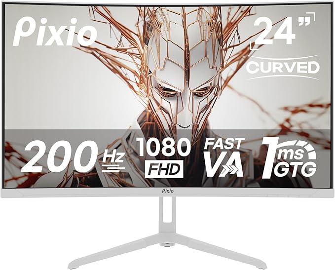 Pixio PXC248 Wave White 24 inch 200Hz Refresh Rate FHD 1080p Resolution 1500R Curve Fast VA Panel 1ms GTG Response Time Adaptive Sync HDR Curved Gaming Monitor
