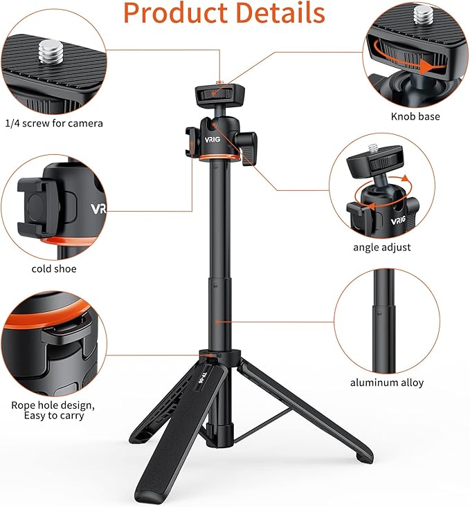 VRIG 21.6" Extension Pole Tripod, Mini Selfie Stick Tripod Stand Handle Grip for DJI Osmo Pocket 3,Insta 360 X5 Webcam Canon G7X Mark III Sony ZV-1 RX100 VII A6400 A6600 Cameras Vlogging