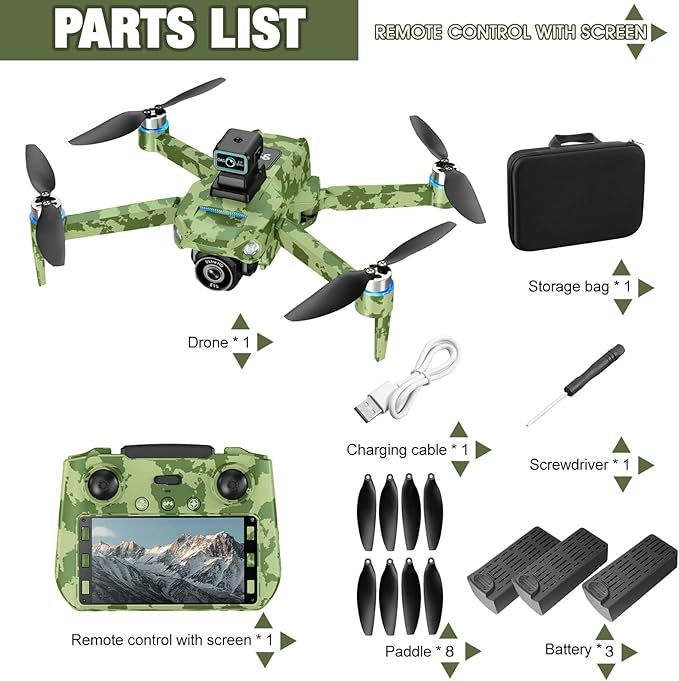 Drone with Camera 4k, GPS HD Drones for Adults, Remote Controller with Screen, Obstacle Avoidance, Brushless Motor FPV, 5G Transmission, 3 Battery, Professional (Army Green)