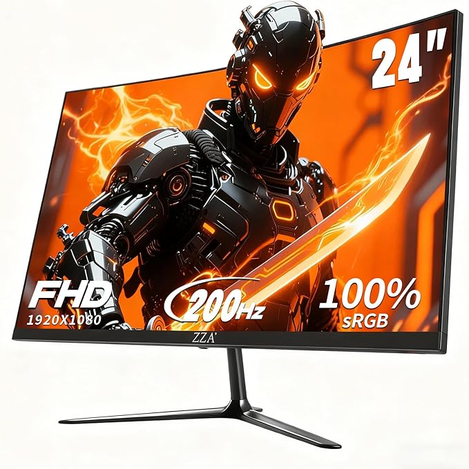 ZZA 24 Inch Gaming Monitor,200HZ|144HZ Computer Monitors,CP Screen FHD 1080P,Curved Monitor 99% sRGB,FreeSync,AMD FreeSync,Blue Light Filter,Gaming & Office,Wall Mountable