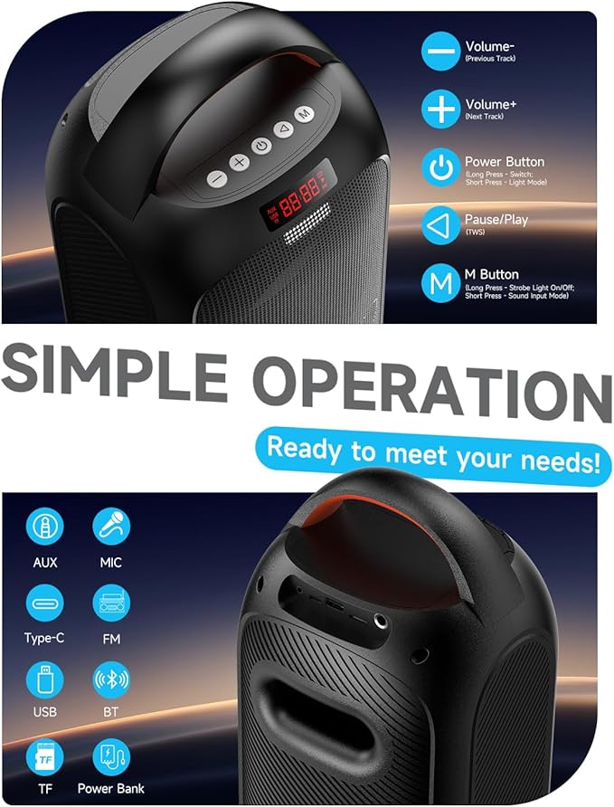 Bluetooth Speakers Wireless- 40W(Peak) 120dB Loud Sound, 8 LED Lights, Bluetooth 5.3, 6-8 Hours Playtime, Protable Handle, FM/USB & Mic Input, Large Portable Speaker for Party,Outdoor,Camping,Beach