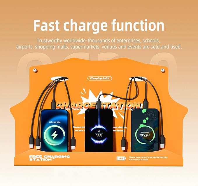 Wall Mounted Cell Phone Charging Station with 8-Port High-Speed Cables – Universal Dock for Apple, Type-C & Android Devices – Ideal for Airports, Hotels, Malls, Offices, Schools (Orange)