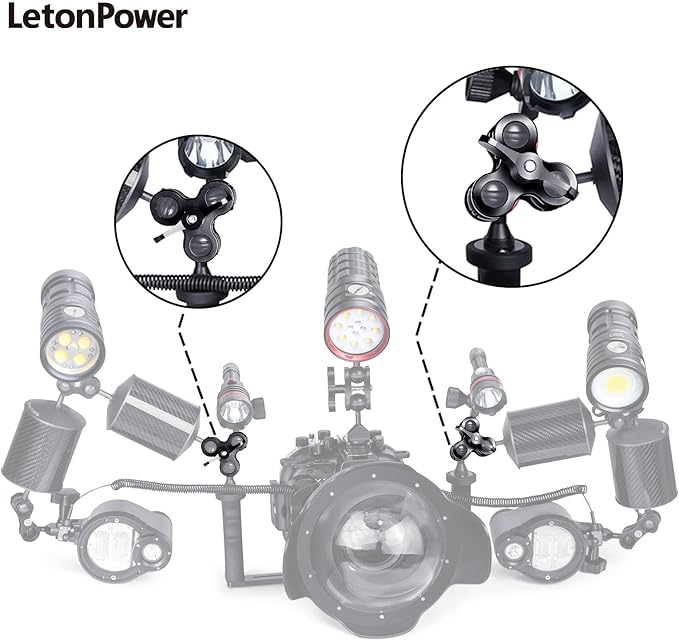 3-Hole 1" Aluminum Underwater Camera Clamp Ball Mount (2-Pack) - Underwater Bracket for Diving Light Arms & Camera Trays, Saltwater-Resistant Adapter for Scuba Photography/Videography Gear