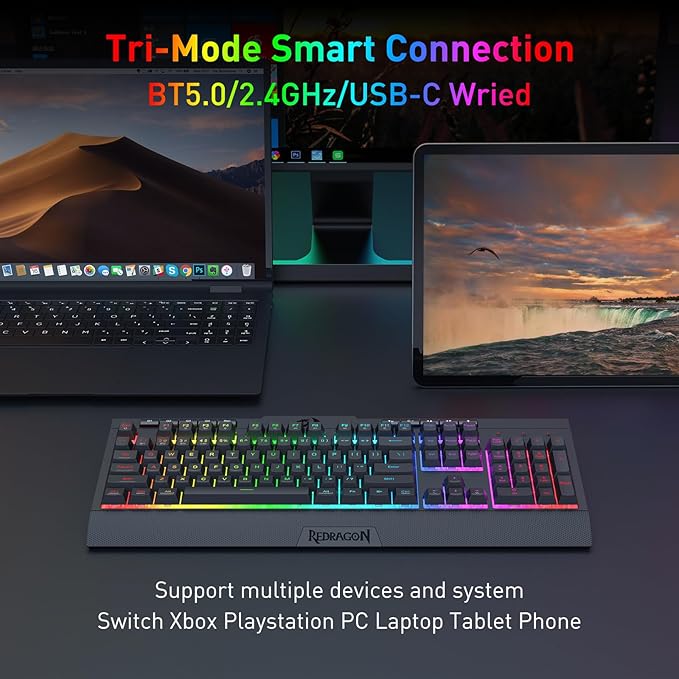 Redragon K525 PRO RGB 3-Mode Wireless Membrane Gaming Keyboard with Multimedia Keys, Linear Mechanical-Feel Switch, 4 Extra On-Board Macro Keys, Dedicated Media Control, Ergonomic Wrist Rest