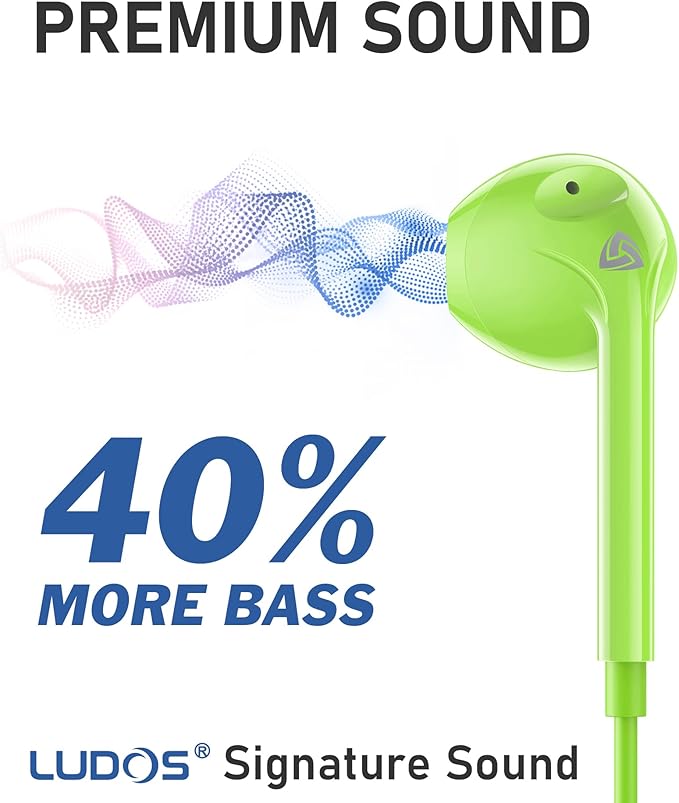 LUDOS Zenith Wired Earbuds in-Ear Headphones, 2 Years Warranty, Earphones with Microphone, Corded for 3.5mm Jack Ear Buds for iPhone, Samsung, Computer, Laptop, Kids, School Students, Woman - Green