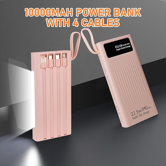 Portable Charger with Built in Cables,10000mAh Power Bank with LED Lamp Fast Charging 3.0 USB C External Battery Pack Phone Charger with LED Display for iPhone, Samsung and Cell Phones (Pink)