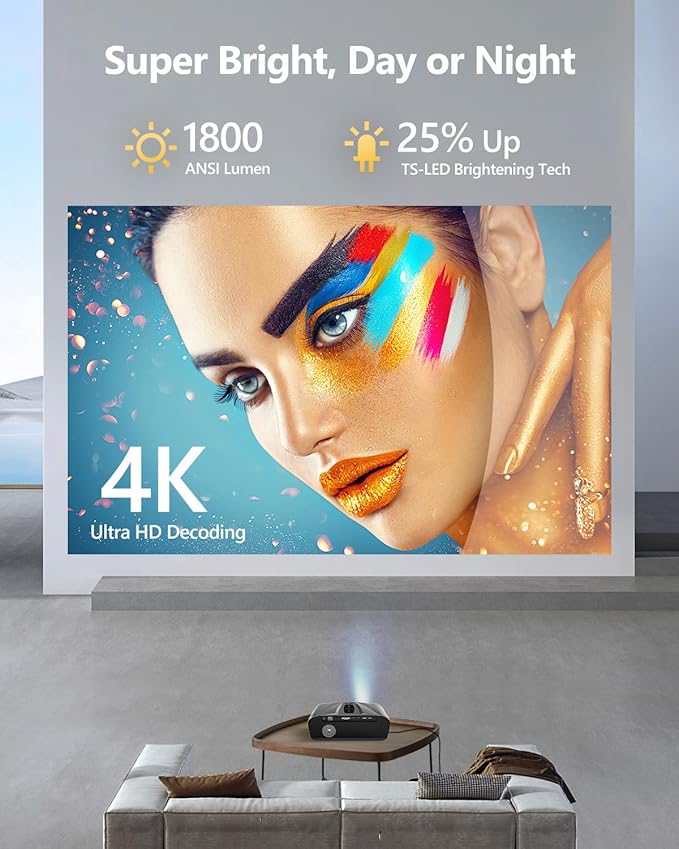 4K Projector Auto Focus HDR WiFi 6, Smart Daylight Projector 4K High Lumen 1800 ANSI LED 1080P Ultra HD Ceiling Home Theater Karaoke Movie Gaming Indoor Outdoor with Bluetooth HDMI USB Ethernet Apps
