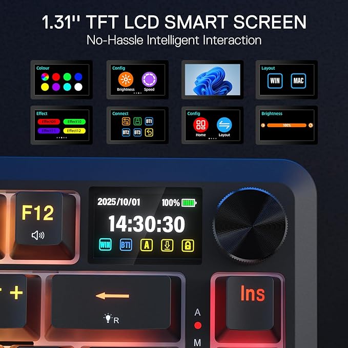 Redragon K724 PRO Wireless Gasket Gaming Keyboard w/Hype Screen & Knob, 81-Key Mechanical Keyboard, Easy-Control 1.14’’ TFT Info Display, 5-Layer Noise Dampening, Custom Linear Switch