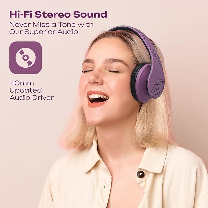 PowerLocus Bluetooth Over-Ear Headphones, Wireless Stereo Foldable Headphones Wireless and Wired Headsets with Built-in Mic, Micro SD/TF, FM for iPhone/Samsung/iPad/PC (Purple)