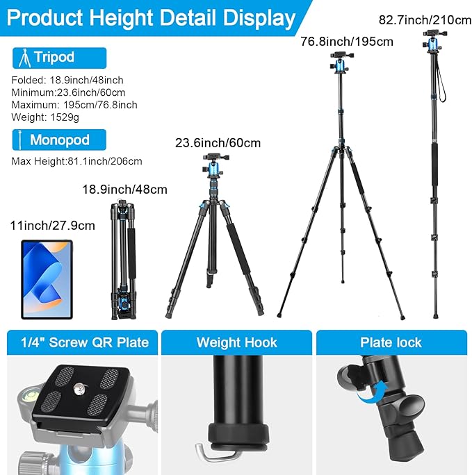 77 inch Camera Tripod Monopod for DSLR, Phone with 360° Panoramic Ball Head Detachable,2 QR Plate, Compact Foldable Aluminum Lightweight Travel Tripod, Bag Included for Camera, Phone(Blue)