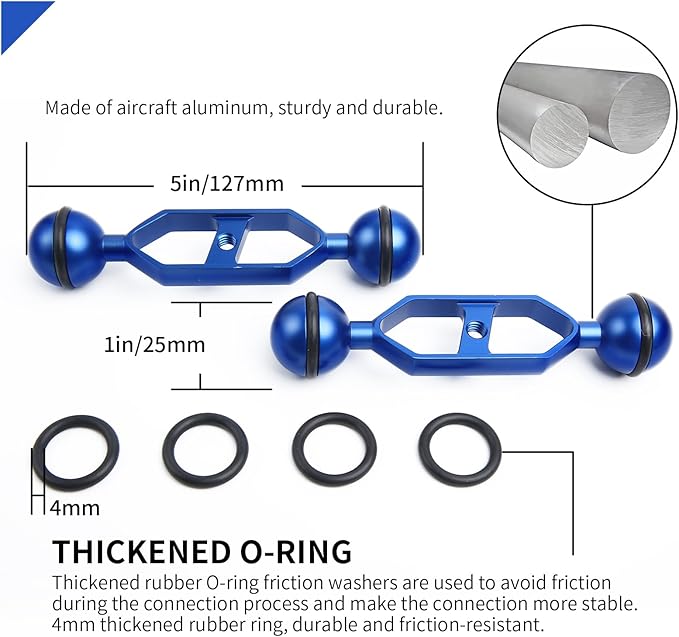 Blue 5" Underwater Aluminum Alloy Extension Arm (2-Pack) - Dual Ball System with 1" Head Connector, Waterproof & Rustproof for Diving Camera Tray/Strobe/Video Light, Scuba Photography Gear