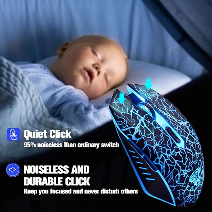 VEGCOO C10 Wireless Gaming Mouse Rechargeable Silent Optical Mice 7 Colors LED Lights, 7 Buttons 2400/1600/800DPI (Black)