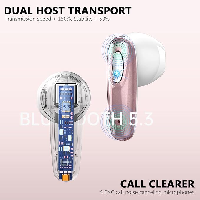 Wireless Earbud, Bluetooth Headphones 5.3 Built in 4 ENC Mic, Stereo Bass Wireless Earphones, 40H Bluetooth Earbud in-Ear LED Display, USB-C, IP7 Waterproof Sports Ear Buds for Android iOS, Rose Gold