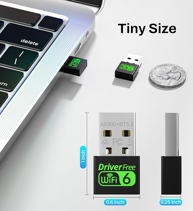 USB WiFi 6 Adapter for PC Desktop & Laptop, 900Mbps Dual Band 2.4/5GHz with Bluetooth 5.3, Nano Size Plug & Play, Windows 11/10 Driver-Free, Reconnect 7 Devices Simultaneously