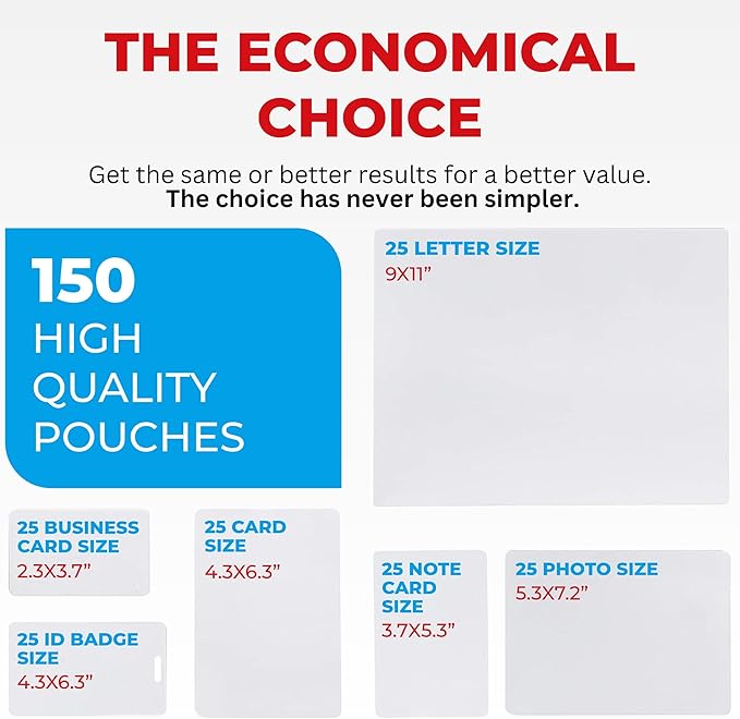 5MIL Thermal Laminating Sheets (150 Count) Letter, Photo, Card, Notecard, ID Badge and Business Card Sizes, Laminating Pouches Compatible with Laminators, Crystal Clear Laminated Finish