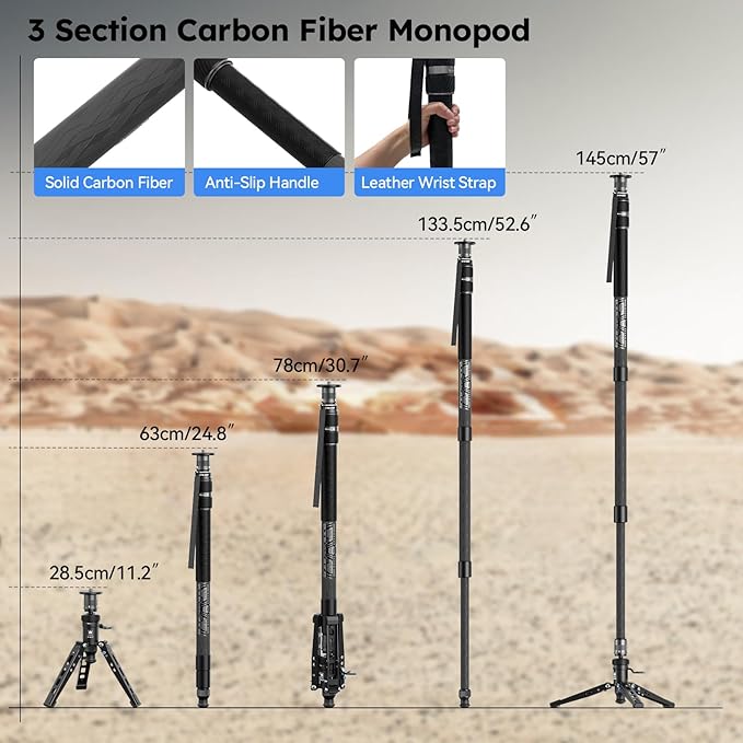 SIRUI Carbon Fiber Monopod, 57" Camera Monopod with Pedal Feet, One-Step Height Adjustment with Twist Lock, Compact & Rapid System for DSLR Camera, Max Load 22lbs/ 10kg, SVM-145P