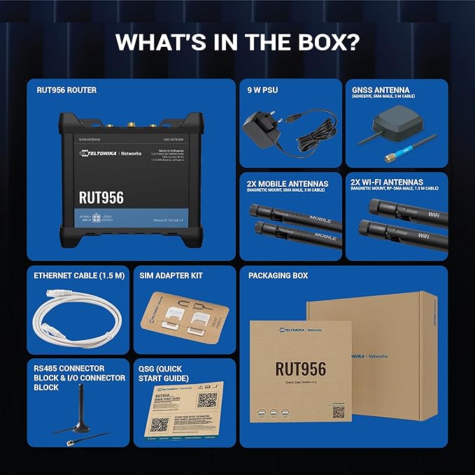 Teltonika RUT956 Industrial Cellular WiFi Router - 4G LTE (CAT 4), 3G, 2G Connectivity - Multiple Interfaces with GNSS Capabilities - Auto WAN Failover, Dual SIM Internet Router (TELRUT956A00A00)