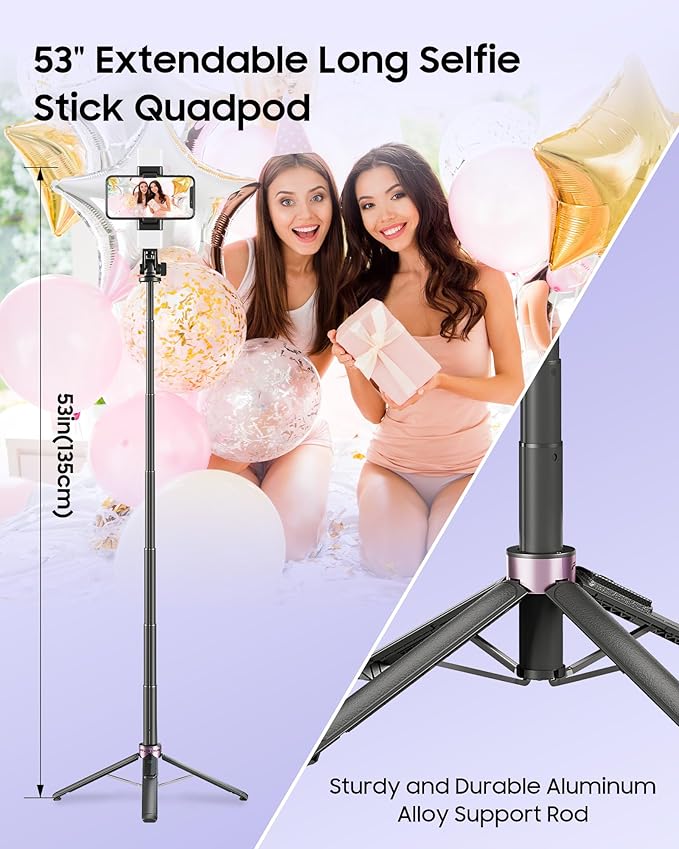 53'' Selfie Stick Tripod with Light, Enhanced 4-Leg Cell Phone Stand Camera Tripod with Rechargeable Wireless Remote & 2 Fill Light, Portable Selfie Stick Travel Essentials for iPhone Android