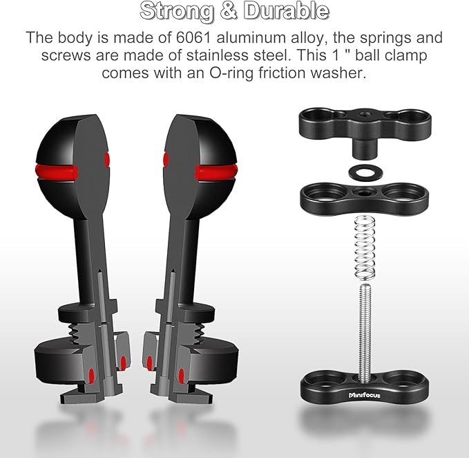 MINIFOCUS 1'' Ball Clamp Mount with Cold Shoe Ball Mount Head Base Adapter Connector for Diving Light Arm Underwater Camera Waterproof Housings Case Video/Flash/Strobe Hot Shoes