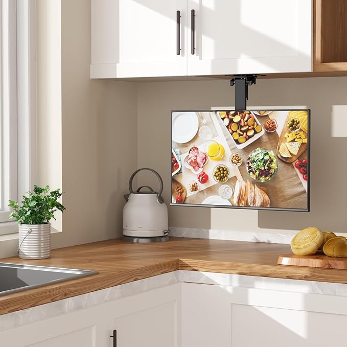 WALI Folding Ceiling TV Mount, Swivel and Flip Down TV Bracket for 17 to 42 inch Flat Screens up to 44 Lbs, Under Cabinet Mounting Saving Space Max Mounting Holes 200x200mm(FCM202), Black