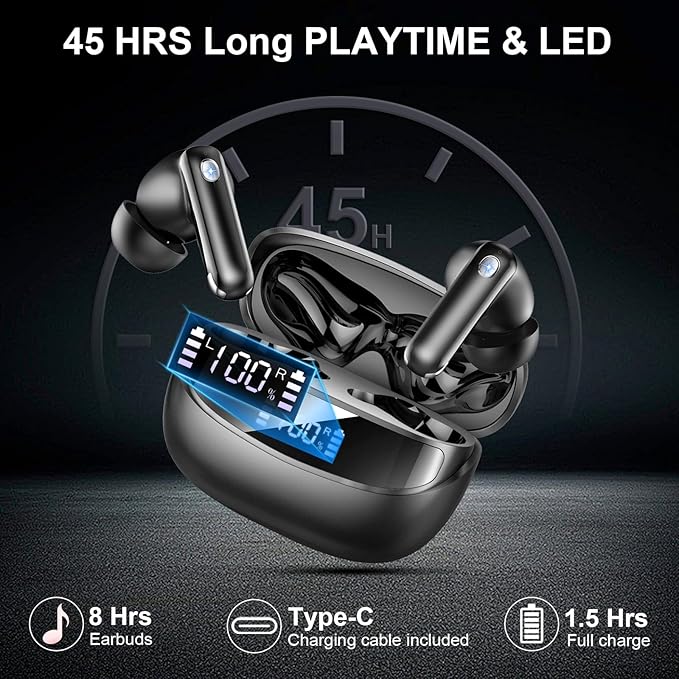 Wireless Earbuds, Bluetooth 5.4 Headphones with 4 ENC Noise Cancelling Mic, 45Hrs Playtime Wireless Headphones HiFi Stereo Deep Bass, in Ear Earbuds IP7 Waterproof, Bluetooth Earphones for Android iOS