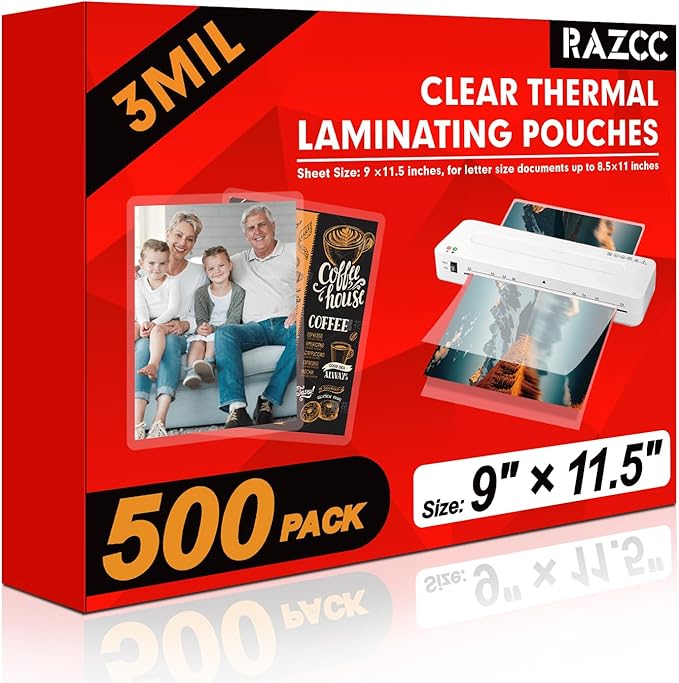 Laminating Sheets, 500 Pack Clear Thermal Laminating Plastic Paper Laminator Sheets, 9 x 11.5-Inch, 3mil, Ideal Office or School Supplies