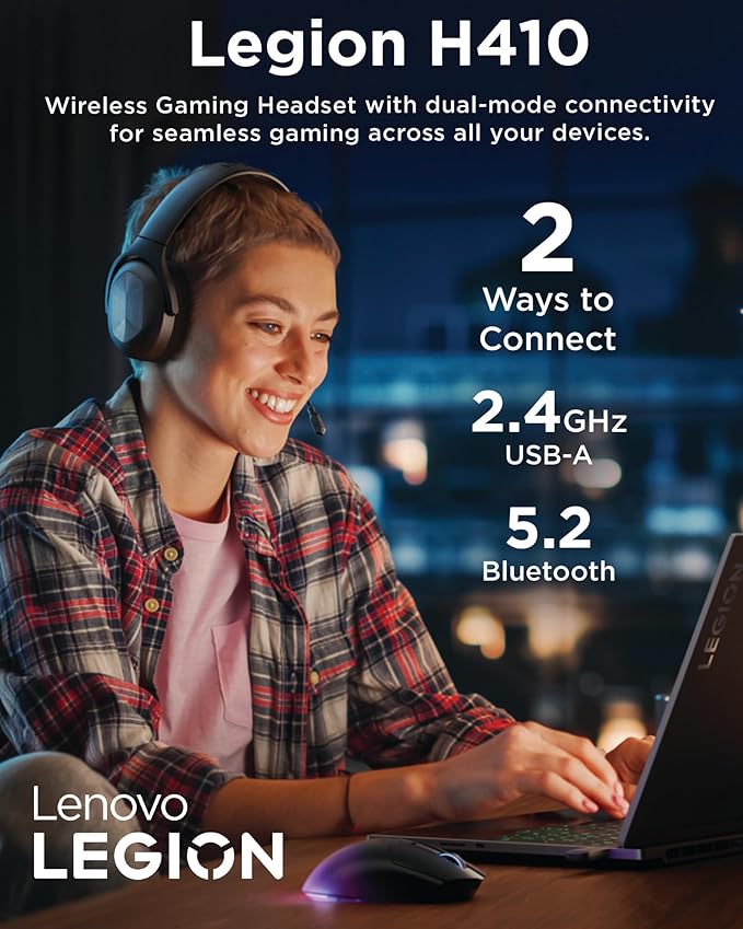 Lenovo Legion H410 Wireless Gaming Headset, Bluetooth or 2.4 GHz USB-A Connection, Lightweight (304 Grams), Adjustable Headband, Flip to Mute Mic, Black