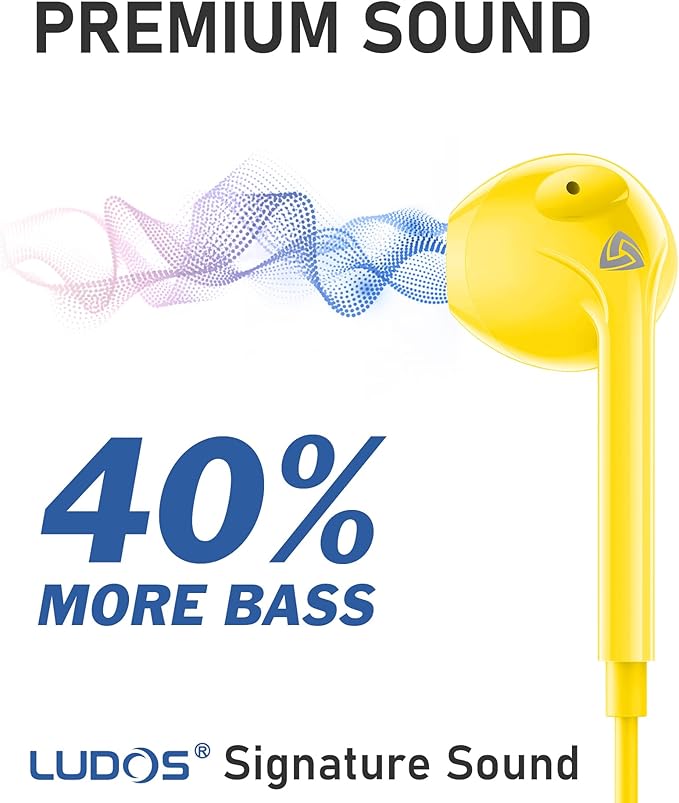 LUDOS Zenith Wired Earbuds in-Ear Headphones, 2 Years Warranty, Earphones with Microphone, Corded for 3.5mm Jack Ear Buds for iPhone, Samsung, Computer, Laptop, Kids, School Students, Woman - Yellow