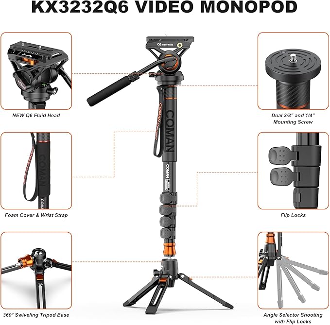 Professional Camera Monopod with Feet, 73.2 inch Aluminum Portable Travel Video Monopod with Removable Tripod Stand Base, Max Load 22 Lbs, New Q6 Fluid Head for DJI RS4 Manfrotto