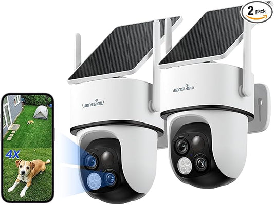 wansview Security Cameras Wireless Outdoor-2K Dual Lens Home Security Cameras, 360° View, Solar Panel Battery Powered, Color Night Vision, PIR Sensor, IP65 Waterproof, Work with Alexa, B7 2P White