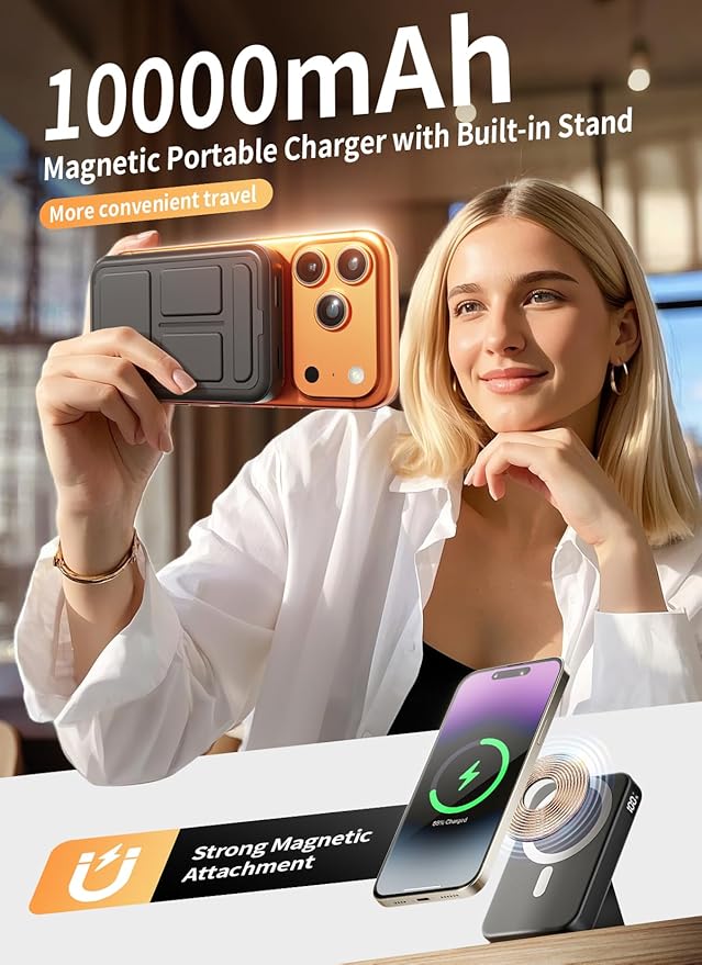Magnetic Portable Charger, 10000mAh Wireless Power Bank with 20W USB-C Fast Charging, Foldable Stand & LED Display Magnetic Battery Pack, Compatible with iPhone 17/16/15/14/13 All Series