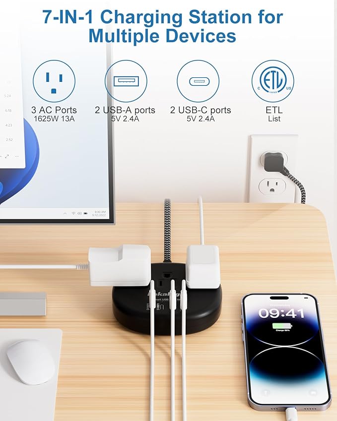 Black Extension Cord 10 Feet, 1625W Extension Cord 3 Prong with 3 AC Outlet 4 USB (24W/4.8A), Bedside Charging Station for Home, Office and Dorm