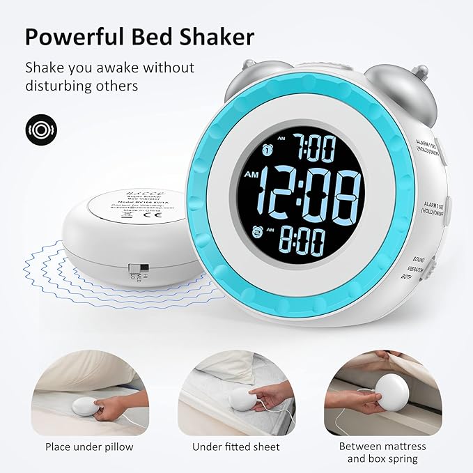 uscce Loud Dual Alarm Clock with Bed Shaker - 0-100% Dimmer, Vibrating Alarm Clock for Heavy Sleepers or Hearing Impaired, Easy to Set, USB Charging Port, Snooze, Battery Backup (White)
