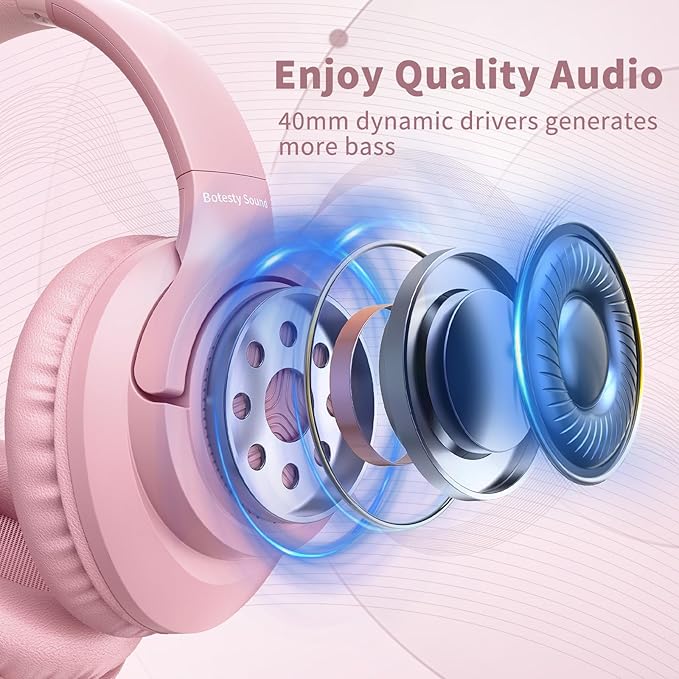 Wired Headphones with Microphone, Over Ear 3.5mm Plug in Headphones with 4.9ft Tangle-Free Nylon Cord for Tablet, Laptop, MP3/4, School, Airplane Travel (Pink)