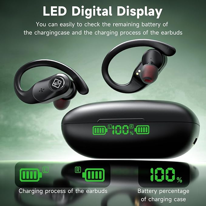 Wireless Earbuds Bluetooth Headphones 96H Playtime LED Display Waterproof Built in Mic Deep Bass Sound Secure Over Ear buds Earhooks for iPhone Android Samsung Cell Phones Sport Running Workout Gaming