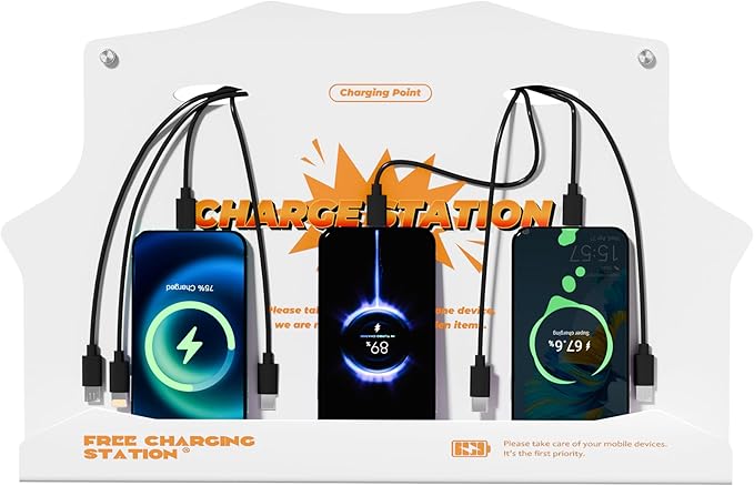 Wall Mounted Cell Phone Charging Station with 8-Port High-Speed Cables – Universal Dock for Apple, Type-C & Android Devices – Ideal for Airports, Hotels, Malls, Offices, Schools (White)