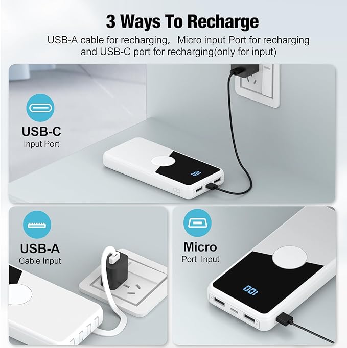 Portable Charger with Built in Cables,High Speed Power Bank 10000mAh Travel Battery Pack 5 Outputs 3 Inputs Portable Phone Charger Backup Battery for iPhone, Samsung, iPad,Tablets (White)
